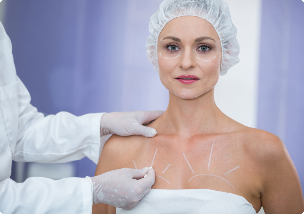 A woman prepares for cosmetic surgery with marked lines on her chest, wearing a hair cap. A doctor in white adjusts her markings, creating a professional and clinical atmosphere.