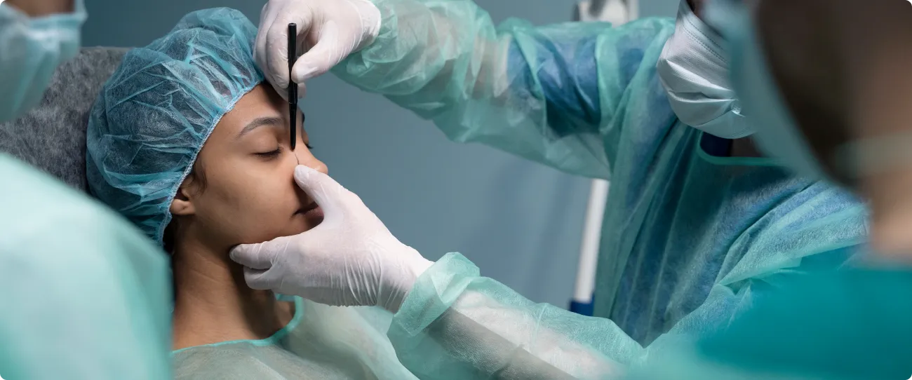 Medical professionals in blue scrubs and masks prepare a patient for surgery. One marks the patients nose with a pencil. The patient wears a cap and gown, lying on a surgical bed.